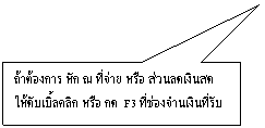 คำบรรยายภาพแบบสี่เหลี่ยม: ถ้าต้องการ หัก ณ ที่จ่าย หรือ ส่วนลดเงินสด
ให้ดับเบิ้ลคลิก หรือ กด F3 ที่ช่องจำนเงินที่รับ
